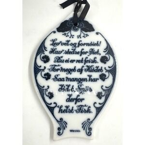 Vintage Porsgrund Norway Blue & White Porcelain Fish Trivet w/Wessel Poem 1960s